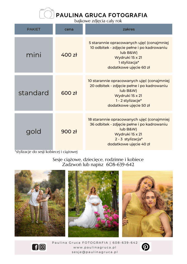 cennik fotografia rodzinna, ciążowa, kobieca, par, dziecięca Paulina Gruca Fotografia